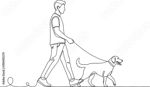 A man walking his labrador retriever dog on a leash outdoors