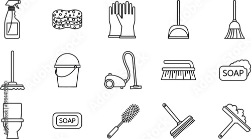 Collection of cleaning supplies including spray bottle sponge gloves broom dustpan mop bucket vacuum cleaner toilet brush soap and squeegee