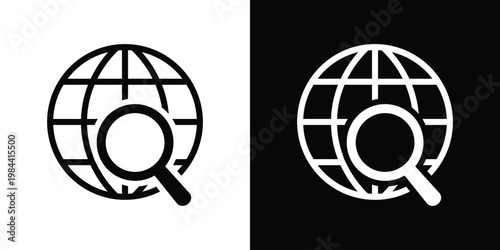 Global search icon with a magnifying glass over a world globe. Represents international market research, worldwide data discovery, global SEO, and internet browsing in line art style.