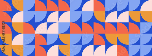 Geometric pattern with colorful quarter circles on a blue background