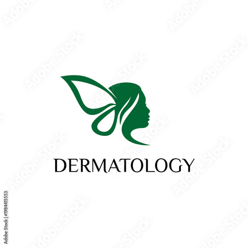 Dermatology logo vector with female face and leaf, beauty skincare clinic branding design, natural cosmetic spa icon minimal medical aesthetic
