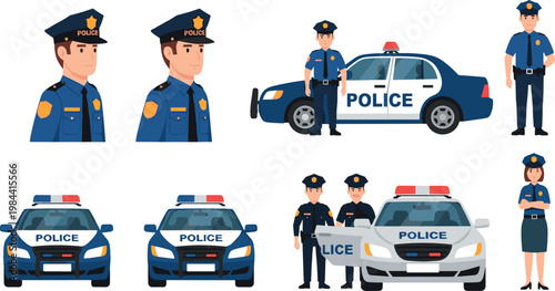 Police officer and patrol car vector set law enforcement characters uniformed officers vehicles flat illustration collection isolated