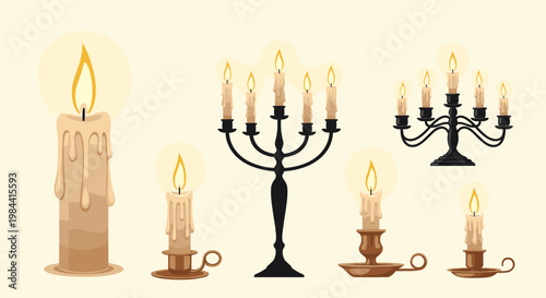 Assortment of burning candles in different brass holders and an elegant black candelabra on a light background.