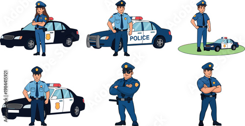 Police officers with patrol cars vector illustration set law enforcement characters in uniform security service flat design collection