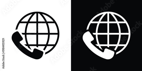 Global phone call icon featuring a world globe and telephone handset. Represents international roaming, worldwide customer support, and global telecommunications in solid black and white.
