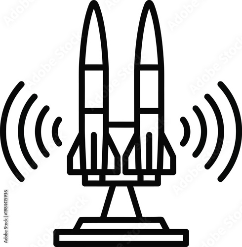 Two rockets on a launchpad with signal waves missile