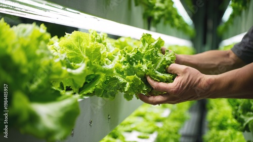 Hands harvesting lettuce in hydroponic indoor farm with fresh green leaves