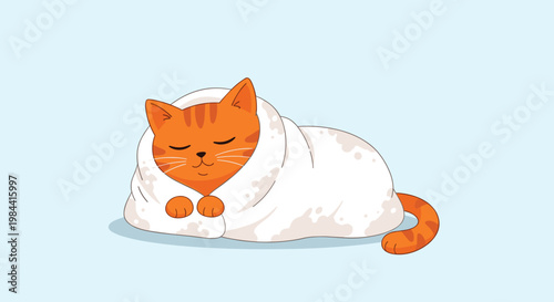 Adorable ginger tabby cat sleeping peacefully while wrapped in a cozy white blanket on a soft blue background.