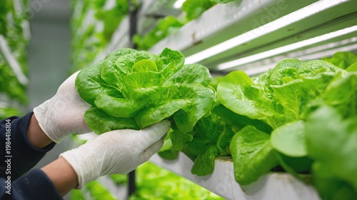 Gloved hands harvesting lettuce in vertical indoor farm, fresh leafy greens