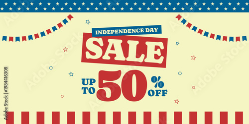 4th of July sale banner background design. Independence Day special offer 50 percent off horizontal promotional template with patriotic bunting and striped decoration in retro vintage style