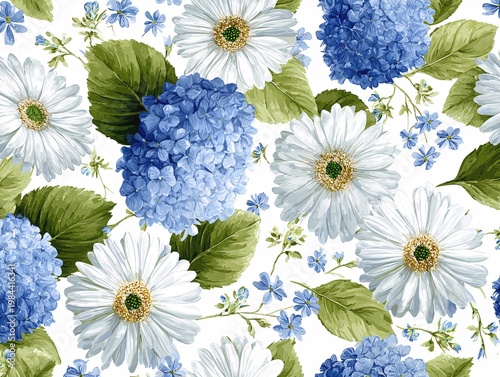 Blue hydrangea and white daisy floral seamless pattern with green leaves