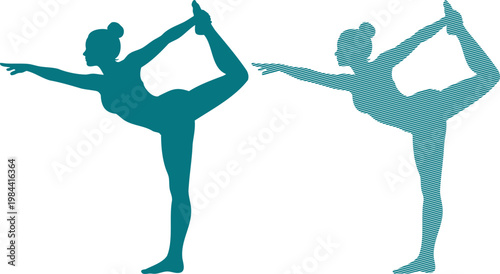 Two teal silhouettes of women performing dancer yoga pose