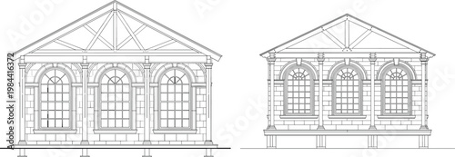 Architectural elevation drawings of classical building façades with gabled roofs, arched windows, masonry details, and traditional design illustration
