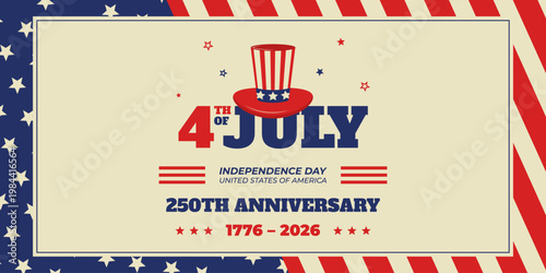 Retro horizontal 4th of July anniversary banner with Uncle Sam hat and patriotic typography. Vintage Independence Day 250th anniversary design in Americana style. Vector illustration