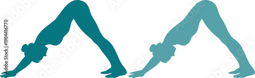 Downward facing dog yoga poses in teal silhouettes