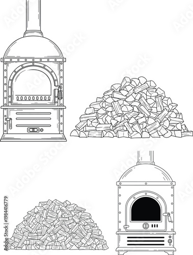Black-and-white line drawings of furnace incinerator and leaf piles showing organic material process comparison, texture detail, and environmental 