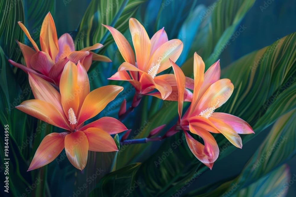 Fototapeta premium Vibrant orange tropical flowers blooming amidst lush green foliage, creating a captivating natural display