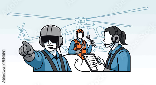 Aviation Crew Coordination: Pilot, Mechanic, and Ground Staff with Helicopter