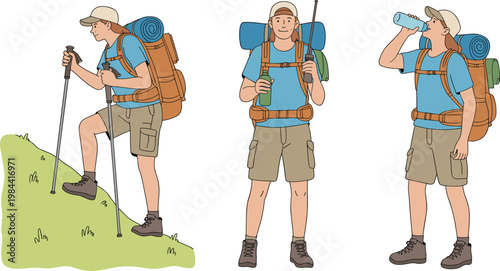 Male hiker trekking with backpack, camping adventure vector illustration, outdoor travel lifestyle character set nature exploration