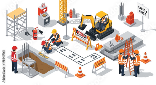 Construction Site Safety Scene with Workers, Equipment, and Warning Signs
