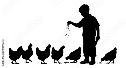 Boy feeding chickens silhouette vector with farm child scattering seeds rural scene