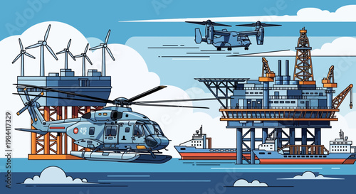 Offshore Wind Farm and Oil Rig with Helicopters and Ship