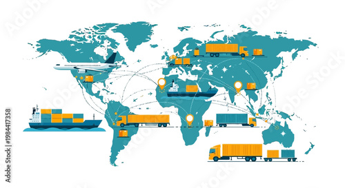 Global Logistics Network: Shipping, Trucking, and Air Cargo on World Map
