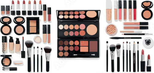 Professional makeup cosmetics collection with foundation lipstick brushes eyeshadow palette and beauty tools flat vector illustration set