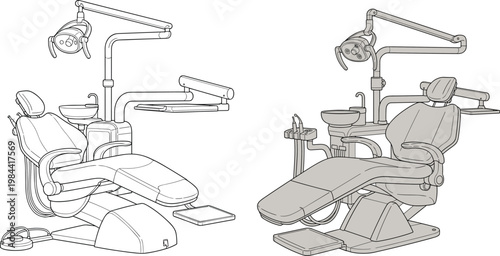 Detailed line drawing of modern dental chairs with ergonomic design, overhead lights, trays, foot pedals, and integrated equipment for professional dentistry