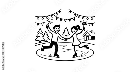 Couple Ice Skating with Sparklers in Winter Wonderland