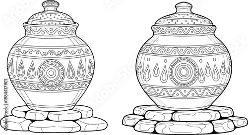 Intricately decorated jars with ornamental geometric patterns, circular stone bases, symmetrical motifs, and cultural design illustration
