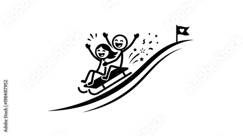 Joyful Couple Riding a Sled Downhill