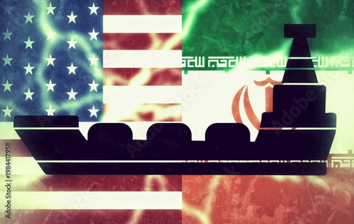 Oil vessel ship against flags of USA and Iran showing signs of war and closing of Strait of Hormuz strategic oil Route map of world. US Iran ceasefire talks failed. Blockade of vessels and ships.