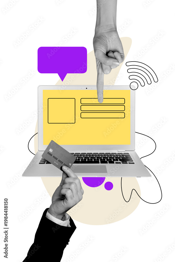 Obraz premium Vertical poster collage computer laptop internet communication interface wifi textbox message credit card finger pointing gesture