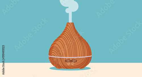 Elegant wooden essential oil diffuser with rising steam on a modern minimalist blue and beige abstract background.