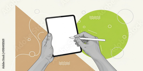 Digital Drawing Concept with Hands Holding Tablet and Stylus Pen on Colorful Geometric Background for Technology, Art, and Creative Designs