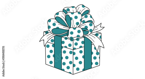 Beautifully wrapped gift box featuring a white and teal polka dot pattern with a large matching ribbon and bow.