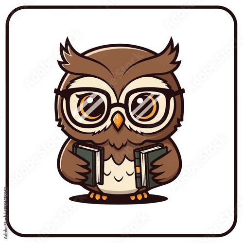 Brown owl wearing glasses holding books.