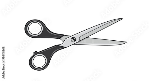 sharp stainless steel tailor scissors with black plastic handles are shown open in a top view for craft, sewing, and school project concepts.
