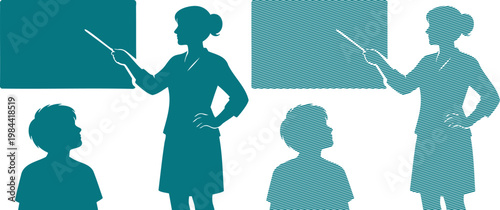 Teal silhouettes of teacher and students in classroom setting