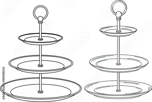 Two-tier and three-tier serving stands with circular plates, central rods, and elegant design for desserts, pastries, and appetizer presentation illustration