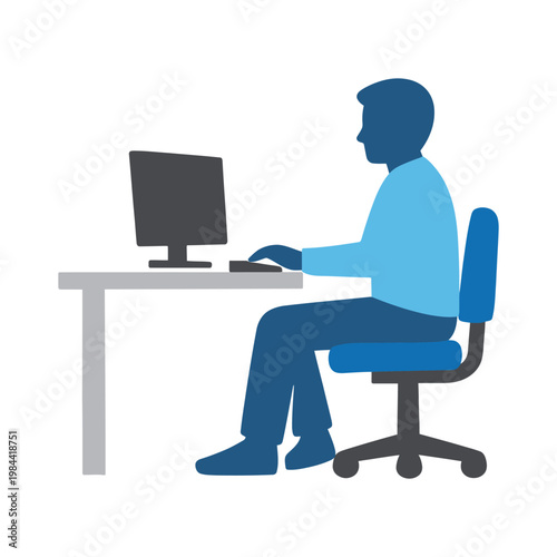 Man sitting at a desk working on a computer showing good posture for office ergonomics.