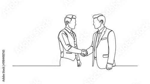 Two businessmen shaking hands in agreement. Continuous line style. Hand drawn. Line art. Vector design. illustration