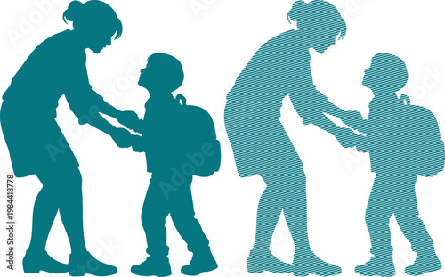 Two teal silhouettes of women helping children with backpacks