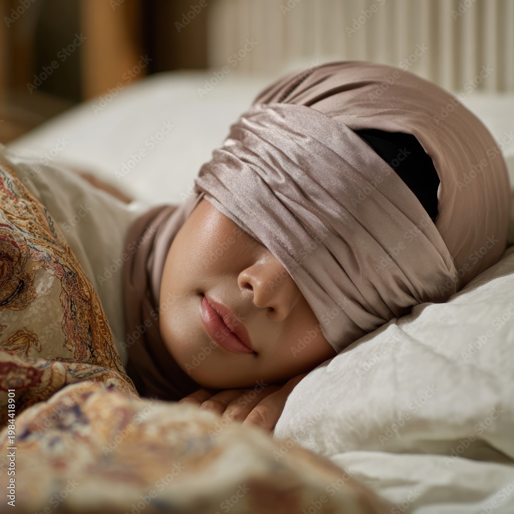 Obraz premium Relaxed Woman Sleeping Peacefully Wearing Light Beige Headscarf in Cozy Bed