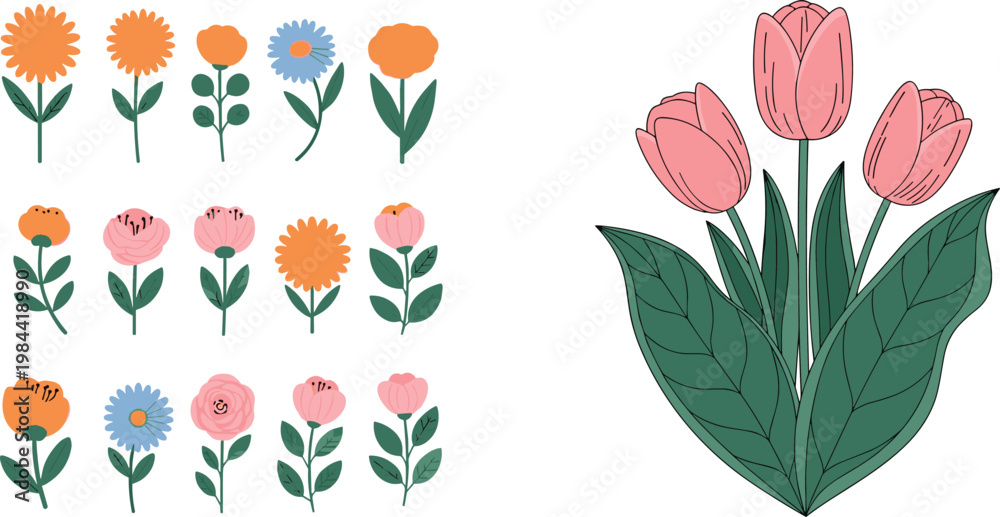 Obraz premium Set of hand drawn spring flower icons and a pink tulip bouquet vector illustration with green leaves isolated on white background for greeting card and botanical design