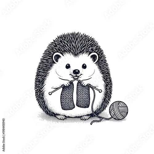 Hedgehog holding knitting needles and yarn.