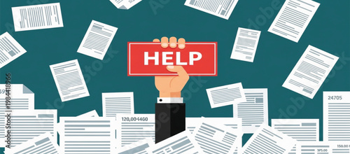 Help Request Amid Paperwork Overload, Business Support Assistance Concept, Administrative Crisis, Urgent Office Documents Problem Illustration
