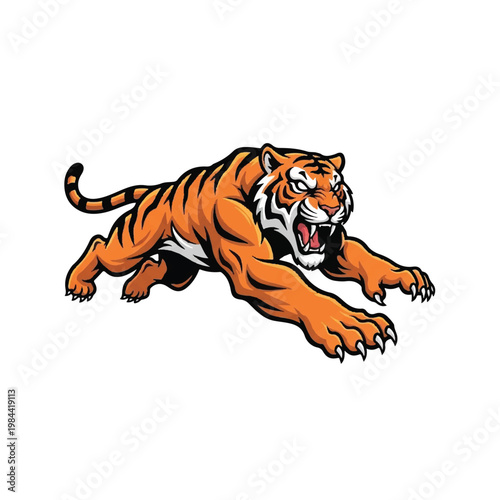 Tiger in motion attacking aggressively forward.