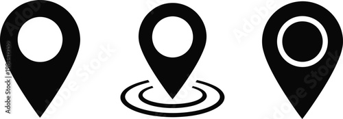 Three black map marker icons with varying designs on a white background